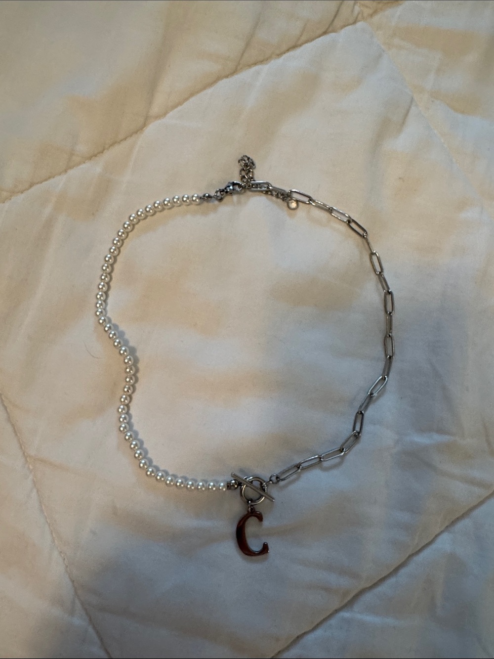 Silver & White Pearl Mixed Chain Necklace with Red 'C' Charm